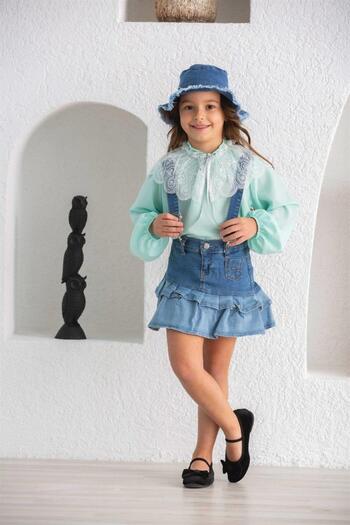 Marka Sensin Kids Girls' white lace collar colorful blouse ruffled jeans salopet skirt hat 3-piece set