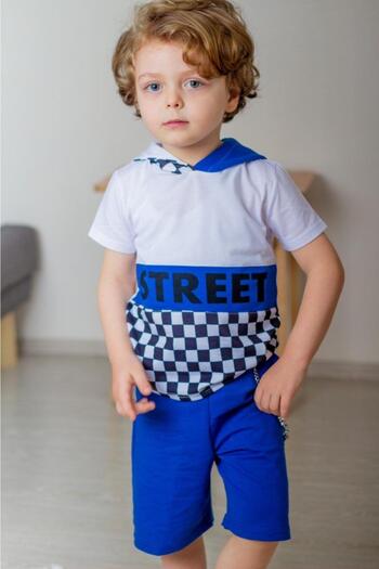 Marka Sensin Kids Boy's Red Street Model Short Sleeve Sweatshirt with Chain Shorts Tracksuit Set B-114