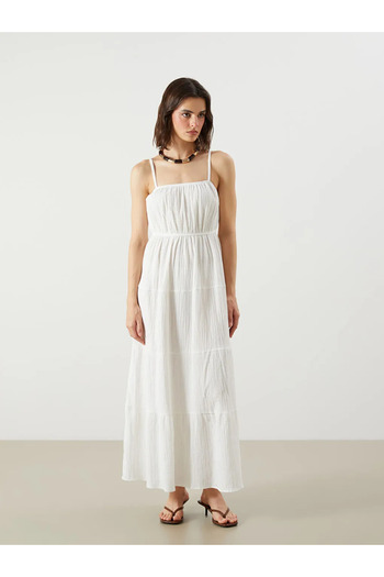 LC Waikiki Lcw Vision Ecru U-Neck Gathered A-Line Muslin Dress