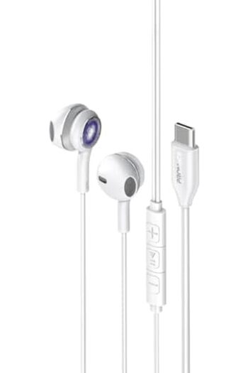 Promate Earphones with USB-C Connector, Transparent In-Ear USB-C HD Wired Earbuds with RGB Lights, M