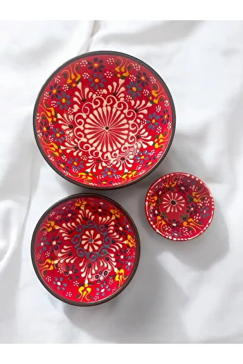 Artistic Quality Decorative 3 Pieces Red Tulip Tile Designed Fully Handmade Snack Bowl-Sauce Bowl-Breakfast Bowl