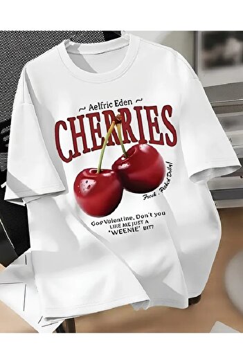 shidumanlar Unisex CHERRIES Προσαρμοσμένο εμπριμέ μπλουζάκι με λαιμόκοψη