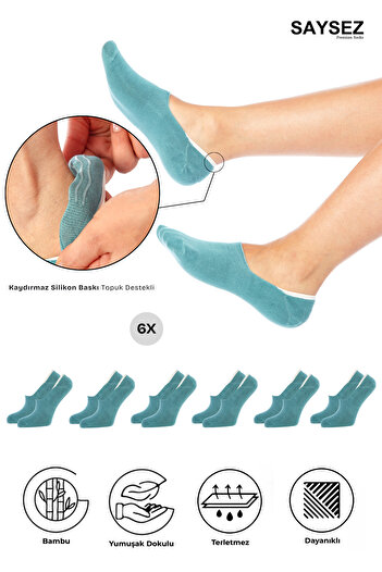 SAYSEZ Bamboo Women's Ballerina Water Green Socks Seamless Invisible Non-Slip Heel Silicone Premium Pack of 6