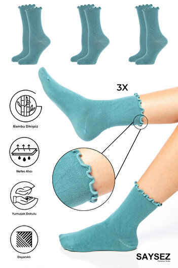 SAYSEZ Bamboo Women's Elasticless Green Ruffled Socket Seamless Socks 3 Pack / No Trace / No Squeeze Socks