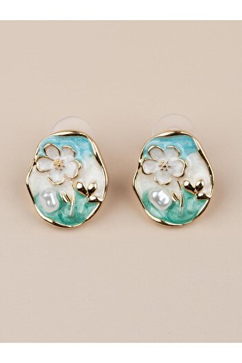 Portakal Esintisi Viridessa Flower Motif Enamel Pearl Vintage Art Earrings
