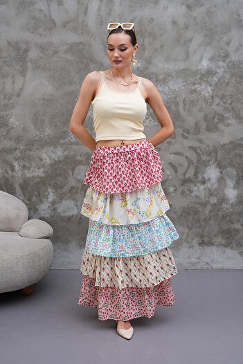 Marjinal Layered Colorful Patterned Long Skirt