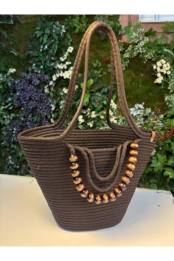 MaVaux Fiona Stylish Straw Shoulder Bag with Natural Wooden Bead Detail