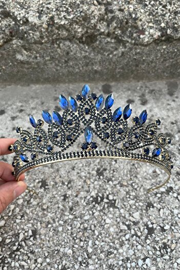 Hobigram Grace Navy Blue Gold Crown – Sparkling Stone Bridal Henna Crown, Wedding Evening Dress Accessory Model