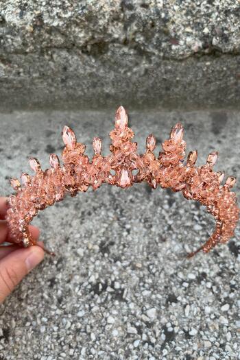 Hobigram Thalia Model Copper Crown – Bridal Henna Wedding Evening Dress with Stones Showy Hair Crown