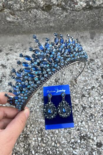 Hobigram Daisy Navy Blue Crown and Drop Shuttle Earrings Set – Sparkling Evening Dress Bridal Set