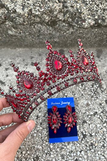 Hobigram Eveline Burgundy Crown Thin Shuttle Earring Set – Henna Engagement Wedding Evening Dress Accessory Set