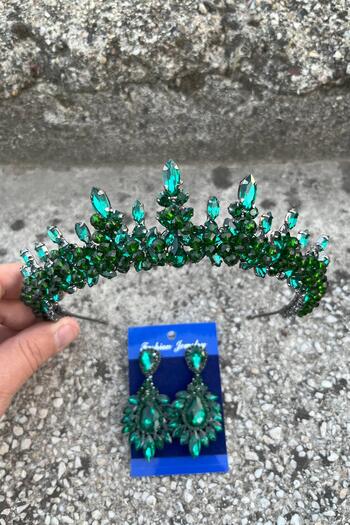 Hobigram Thalia Crown Wide Shuttle Earrings Set Green – Sparkling Evening Dress Accessory with Stones for Bridal Henna Wedding