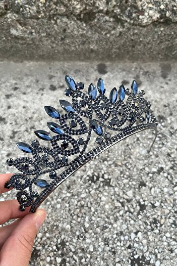 Hobigram Grace Navy Blue Crown – Sparkling Stone Bridal Henna Crown, Wedding Evening Dress Accessory Model
