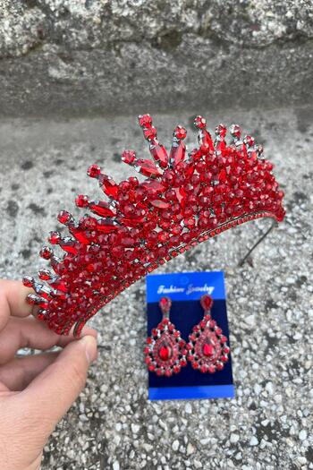 Hobigram Daisy Red Crown and Drop Shuttle Earrings Set – Sparkling Evening Dress Bridal Set