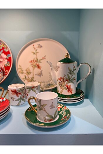 hediye Esterhomedecor Set of 4 Porcelain Coffee Cups with Tray Green