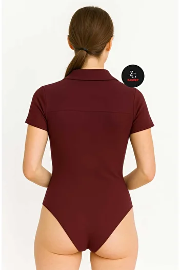 Zagrep Women's Burgundy Short Sleeve Button Collar Silk Jersey Body