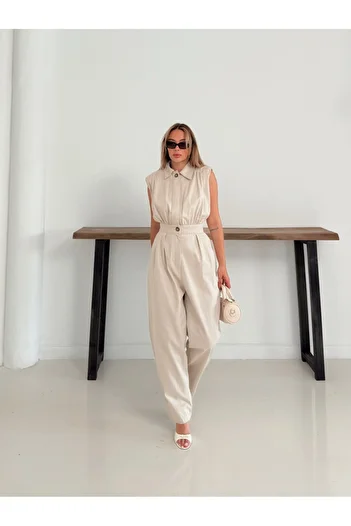 soBasic Limited Edition Beige Belted Sleeveless Padded Jumpsuit with Pocket Detail