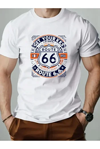 AEMİ Unisex Route 66 Λάβετε το τυπωμένο μπλουζάκι με υπερμεγέθη λαιμόκοψη