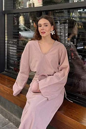 Ceylan Otantik Μπλούζα Dusty Rose Organic Linen με λαιμόκοψη V