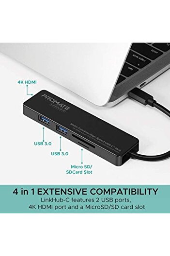 Promate محول متعدد المنافذ USB-C، موزع محمول من النوع C إلى شاحن مزامنة فائق السرعة بمنفذ USB 3.0 مزدوج،