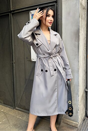 moda armanc Women's Waist-Tie Double Breasted Collar Long Trench Coat - Gray 9358