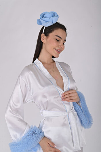 Nana & Mayka Moda White Satin Maternity Set - Pajama Set - Crown, Slippers - 4 Pieces - Blue 3425