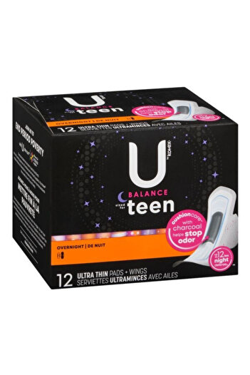 Kotex U By Kotex Ultra Thin Teen Pads with Wings, Overnight Protection, Unscented - 12 Pads