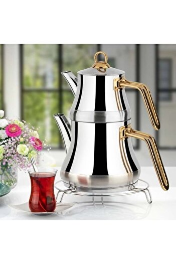 Yonca Lines L-3089 Naz Mini Size Steel Teapot Set Gold Patterned Handle