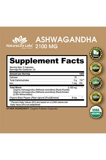 NaturaLife Lab Organic ashwagandha 2,100 mg per serving 100 veggie caps