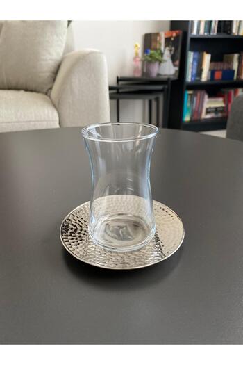 Layla Copper 6'lı Gümüş Renk Dövme Desenli Bakır Çay Tabağı