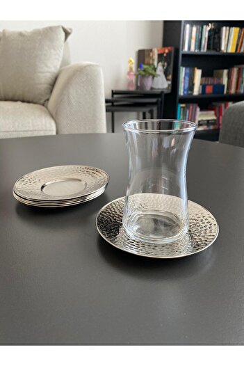 Layla Copper 6'lı Gümüş Renk Dövme Desenli Bakır Çay Tabağı