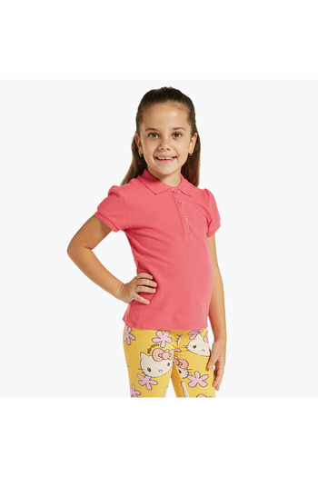 Juniors Solid Polo T-shirt with Short Sleeves and Button Closure