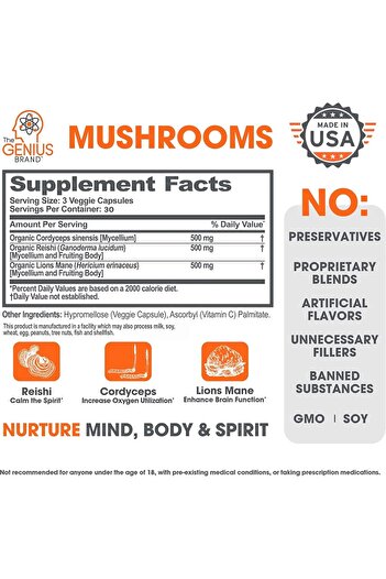 The Genuis Brand The Genius Brand Mushrooms 30 Servings 90 Capsules