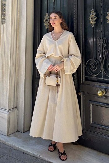 Ceylan Otantik Organic Linen Balloon Skirt & V-Neck Blouse Set
