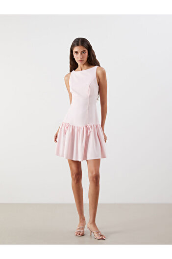 LC Waikiki Pink Crew Neck A-Line Poplin Mini Dress