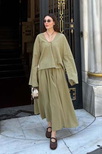 Ceylan Otantik Khaki Organic Linen V-Neck Blouse & Khaki Organic Linen Balloon Skirt Set