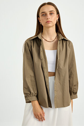 Birgül Bektaş Khaki Gathered Poplin Shirt