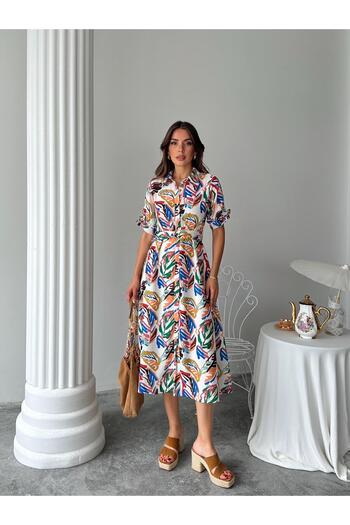 Lusin Rochie de vară din in premium, cu model de frunze, căptușită cu centură, cu nasturi