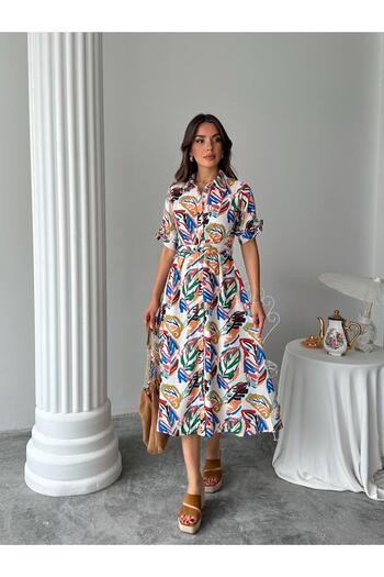 Lusin Rochie de vară din in premium, cu model de frunze, căptușită cu centură, cu nasturi