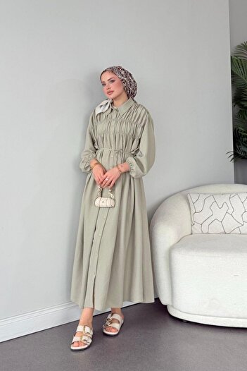 Vent Mint Front Button Belted Summer Hijab Dress