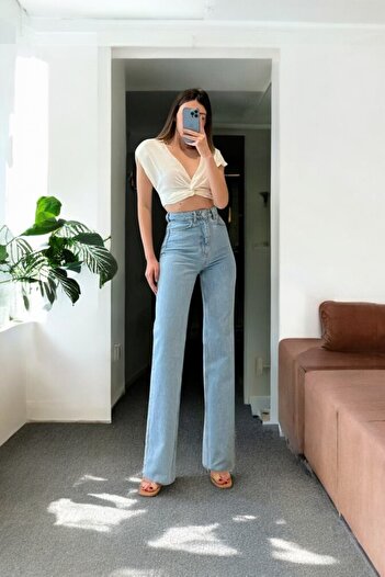 byhaziran butik Kayralie Kadın Açık Mavi Kar Yıkama Yüksek Bel Esnek Şık Wide Leg Jeans