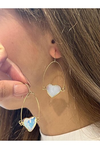 ZRA Vanilla Avenue White Heart Detailed Gold Yellow Detailed Hanging Casual Women's Earrings
