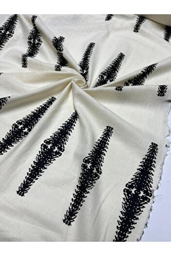 Kumaş sever Cream Color Base Ethnic Patterned Raw Linen Fabric by the Meter