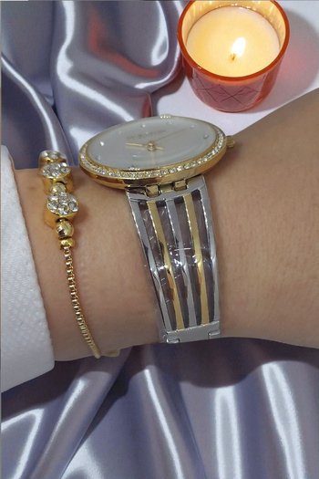 Dice Kayek 5 Atm Waterproof White Dial Gold/Metallic Stone Women's Wrist Watch with Stone Bracelet Gift