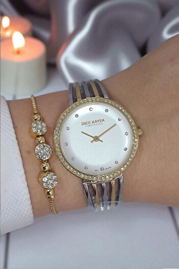 Dice Kayek 5 Atm Waterproof White Dial Gold/Metallic Stone Women's Wrist Watch with Stone Bracelet Gift