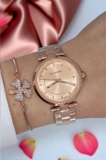 Dice Kayek 5 Atm Waterproof Rose Dial Steel Elegant Rose Gold Women's Wristwatch with Stone Bracelet Gift