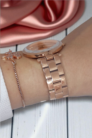 Dice Kayek 5 Atm Waterproof Rose Dial Steel Elegant Rose Gold Women's Wristwatch with Stone Bracelet Gift