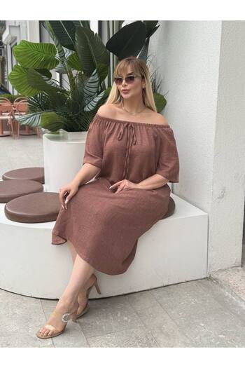 MODA Women's Plus Size Lace-Up Elastic Collar Sofia Linen Dress