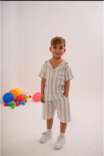 YUKEY GİYİM Over Size Linen Men's Striped Shirt Shorts Set
