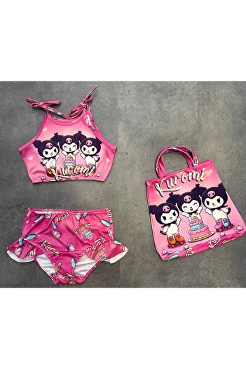 ARBİ kids Female Child Kuromi Pink Three Pieces of Bag Submersible Fabric Swimwear